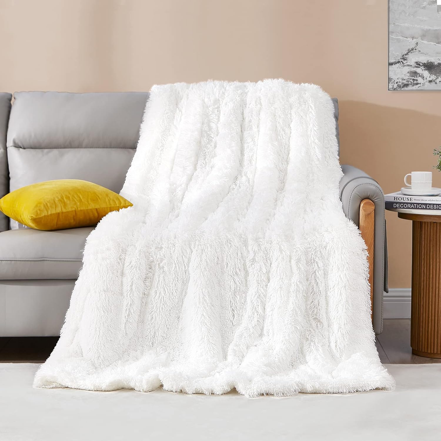 Comaza Soft Fuzzy Faux Fur Throw Blanket,Reversible Lightweight Shaggy Fluffy Cozy
