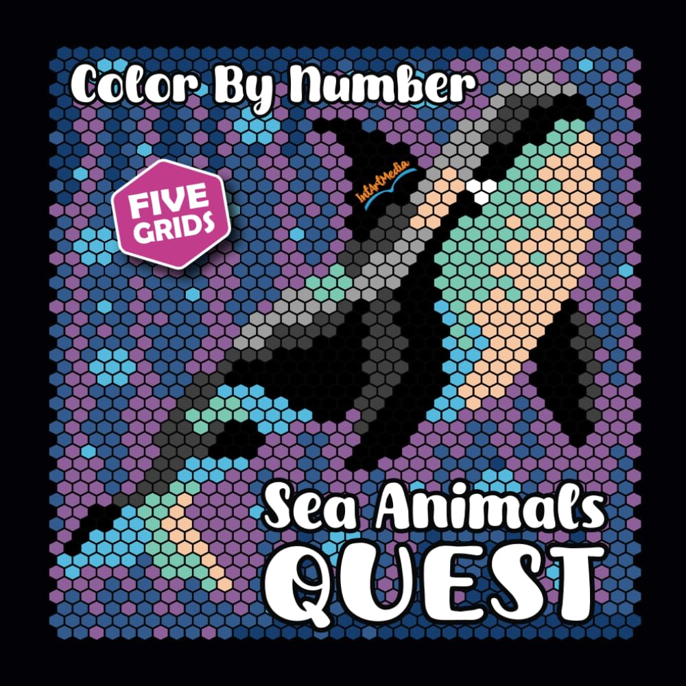 Sea Animals QUEST Color By Number (Black Backgrounds): 5 grids hidden picture activity mystery color by number coloring book for adults relaxation (Color Quest Mystery Color By Number)