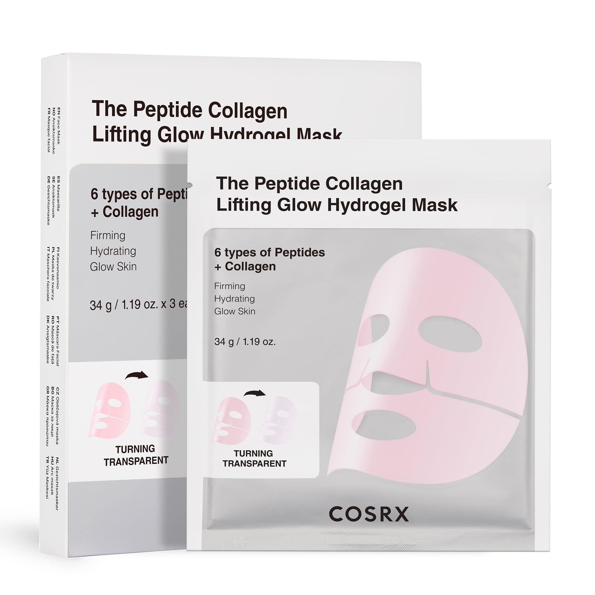 COSRX Pink Peptide Collagen Lifting Glow Hydrogel Gesichtsmasken Hautpflege 3 Stück, Kollagen Gesichtsmaske, Reise-Essentials, Overnight Gesichtsmaske für straffende Pflege, Korean Skincare