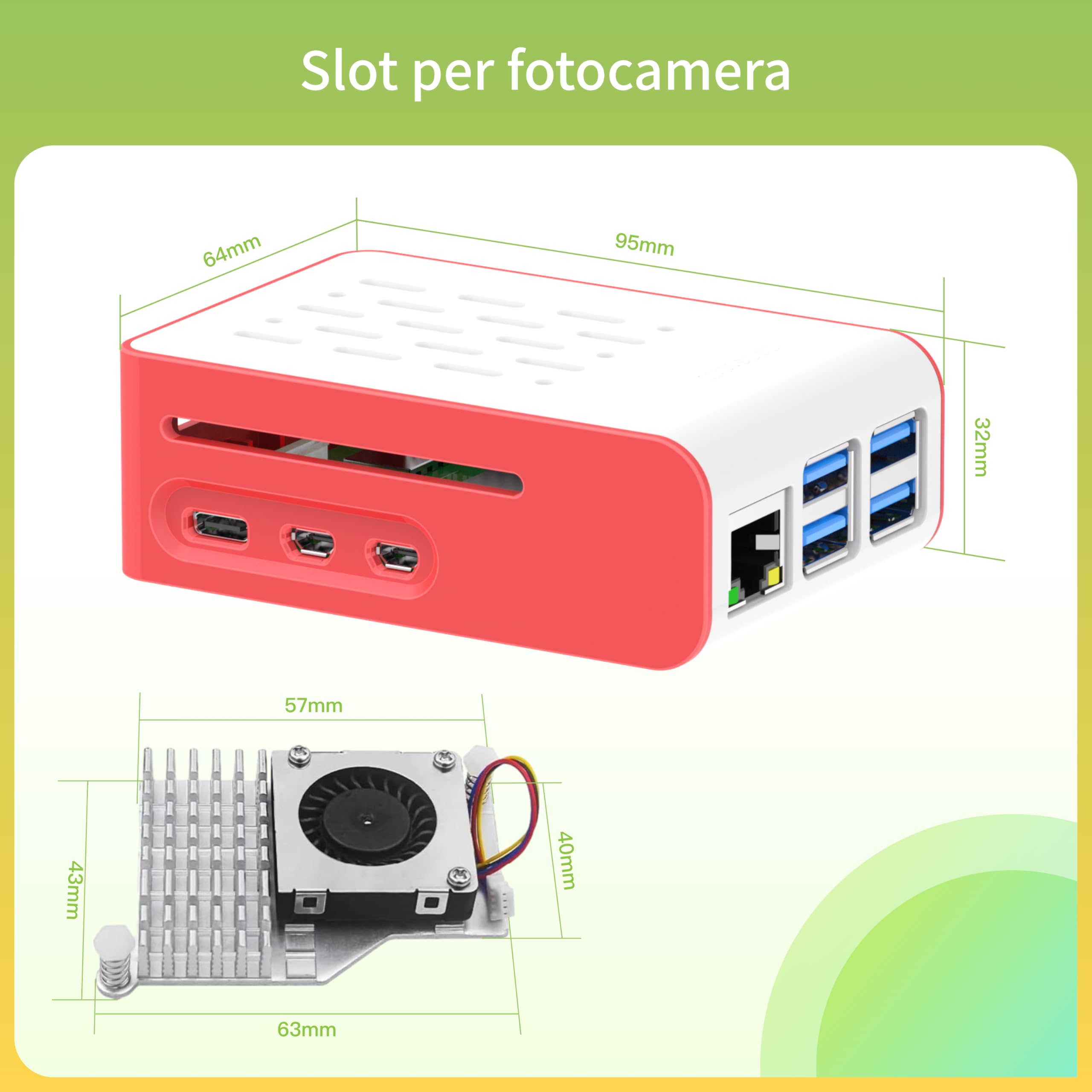 iRasptek Basic Kit For Raspberry Pi 5 16GB RAM con alloggiamento rosso e bianco e radiatore attivo