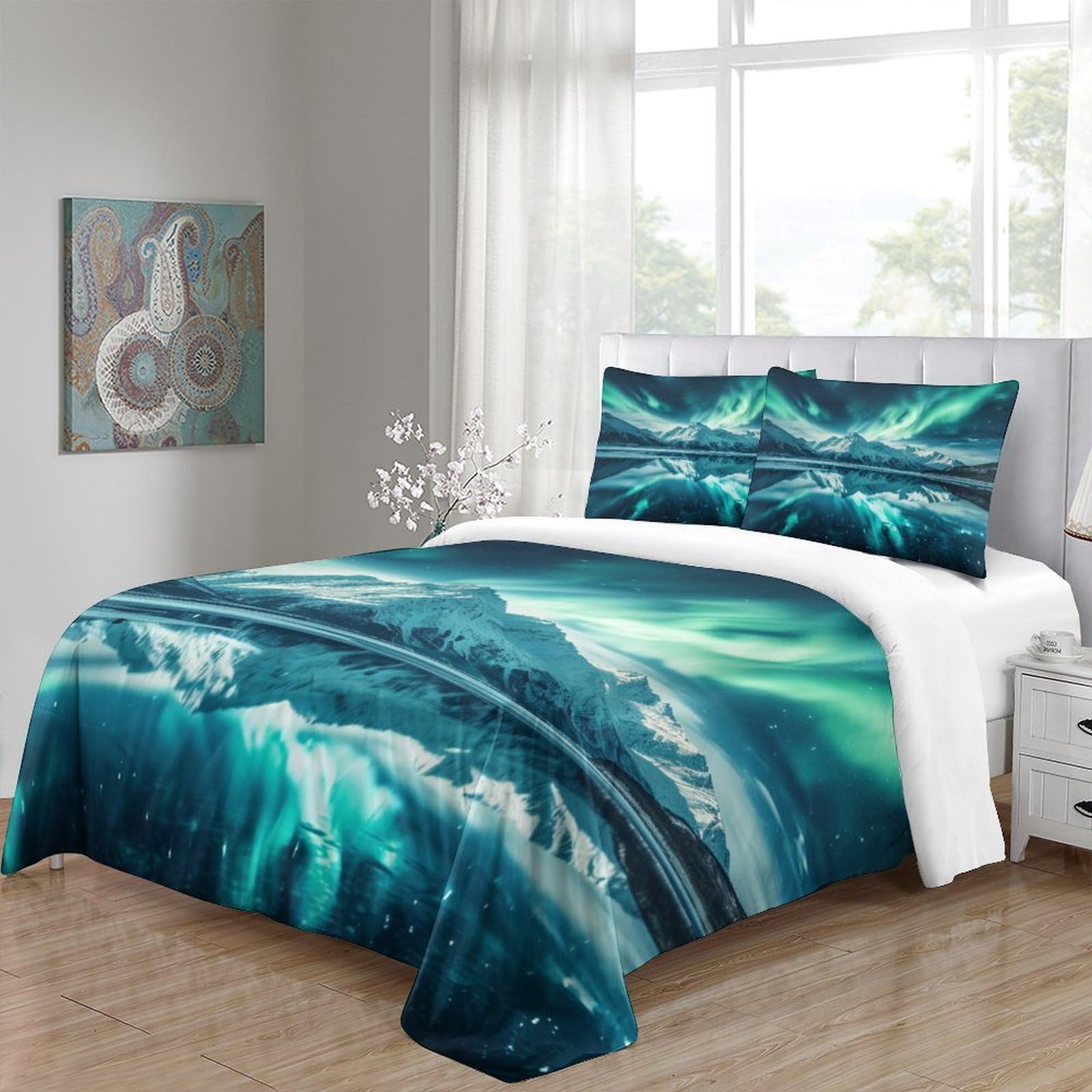 Stampato in 3D Aurora norvegese Copertina Stampata Microfibra Disegnata Biancheria Da Letto Ipoallergenico Con 2 Federe,Double（200x200cm）, Per Adolescenti E Adulti