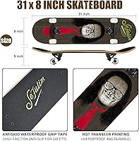 Vista 2 de Sefulim Monopatín completo de 31 x 8 pulgadas, 7 capas, arce canadiense, doble patada, cóncavo, crucero, patineta para niños, niñas, adolescentes