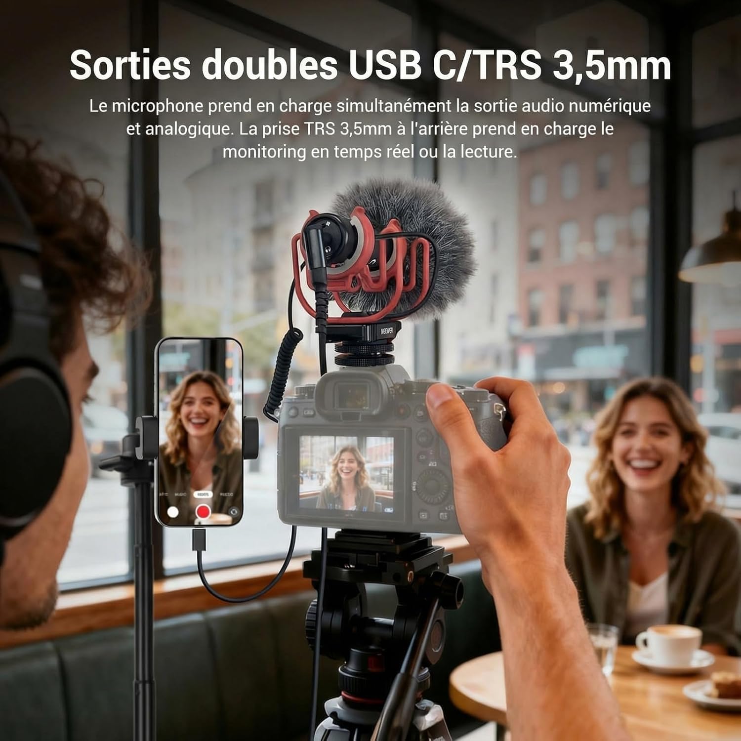 NEEWER VM15 Micro Supercardioïde Miniature avec Réduction de Bruit AI,App Audio& égaliseur,48kHz/24bit,Entrée Analogique 3,5mm/Numérique USB C,Compatible avec iPhone Android,EQ Uniquement pour Android