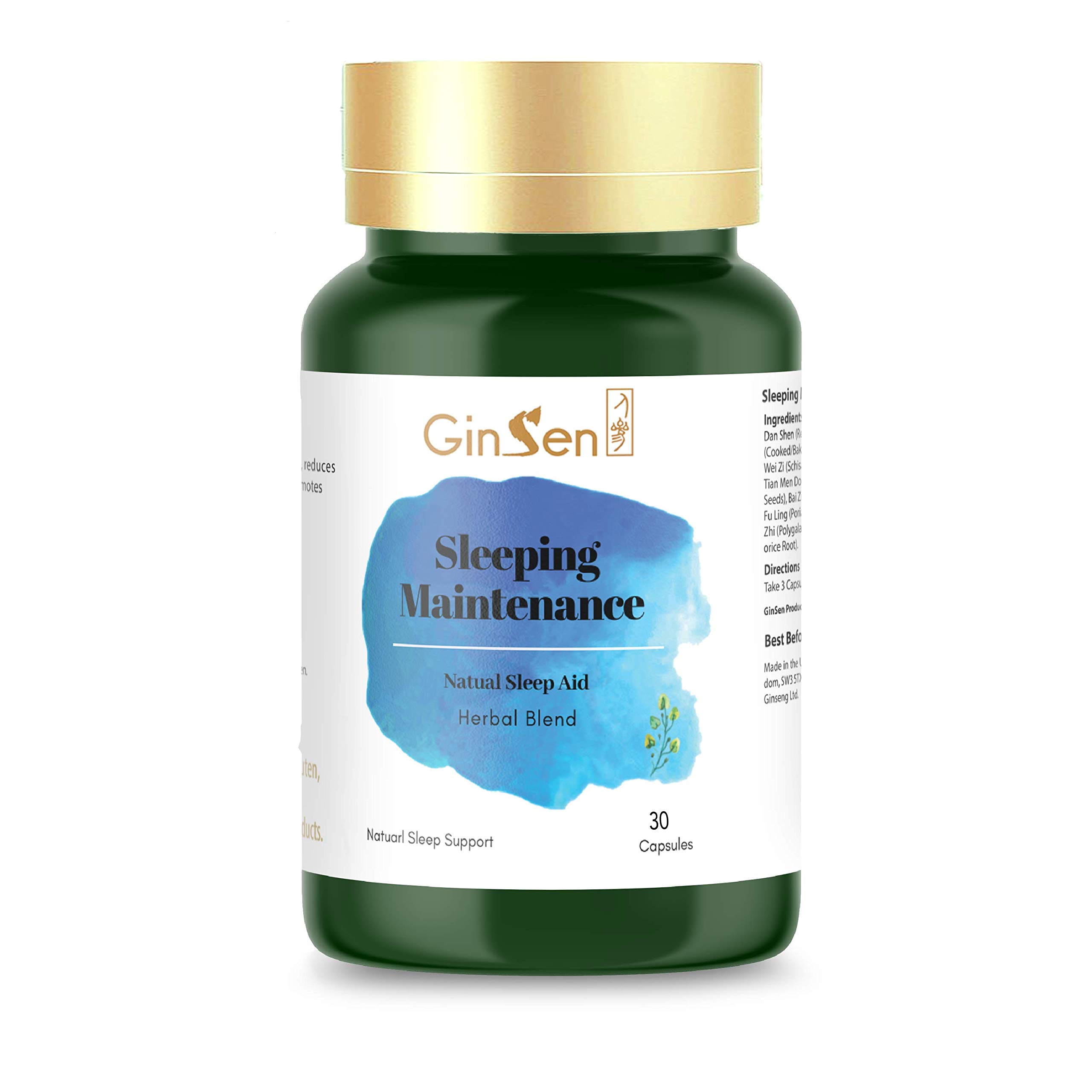 GinSen Sleeping Maintenance, Natural Remedies Helps with Restlessness, Anxiety, Promotes Natural Sleep Cycle, No Melatonin, Chinese Medicine (30 Capsules)
