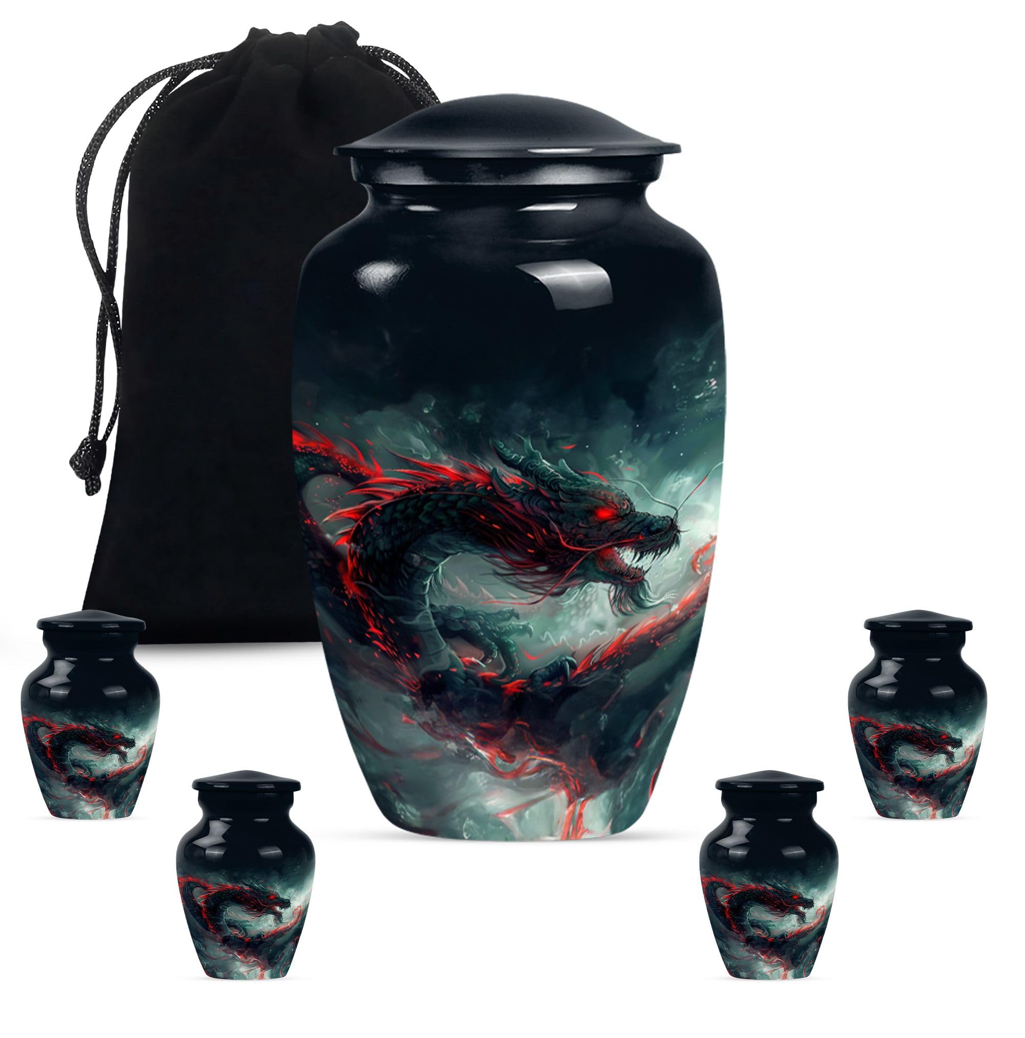 YATHABHISA Dragon Urn, Combo of 1 Large Urn with Velvet Bag & 4 Small - Mini Memorial Urn - Small Urns for Human Ashes Keepsake Dad & Mom - Large Urn - Human Urns for Ashes Female — image 1