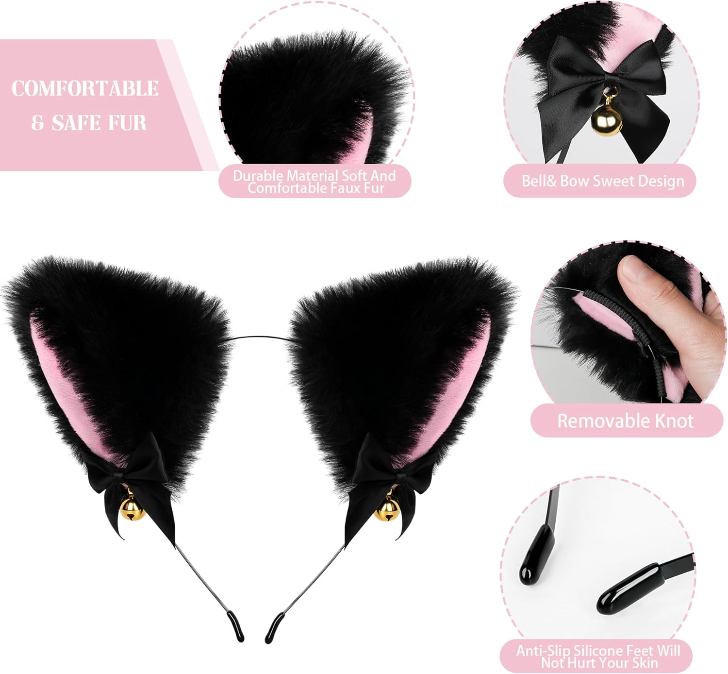 Cat Ears and Tail,Wolf Fox Ears Long Tail and Bell Lace Choker Set for Halloween,Animal Cosplay Party Costume - Image 3