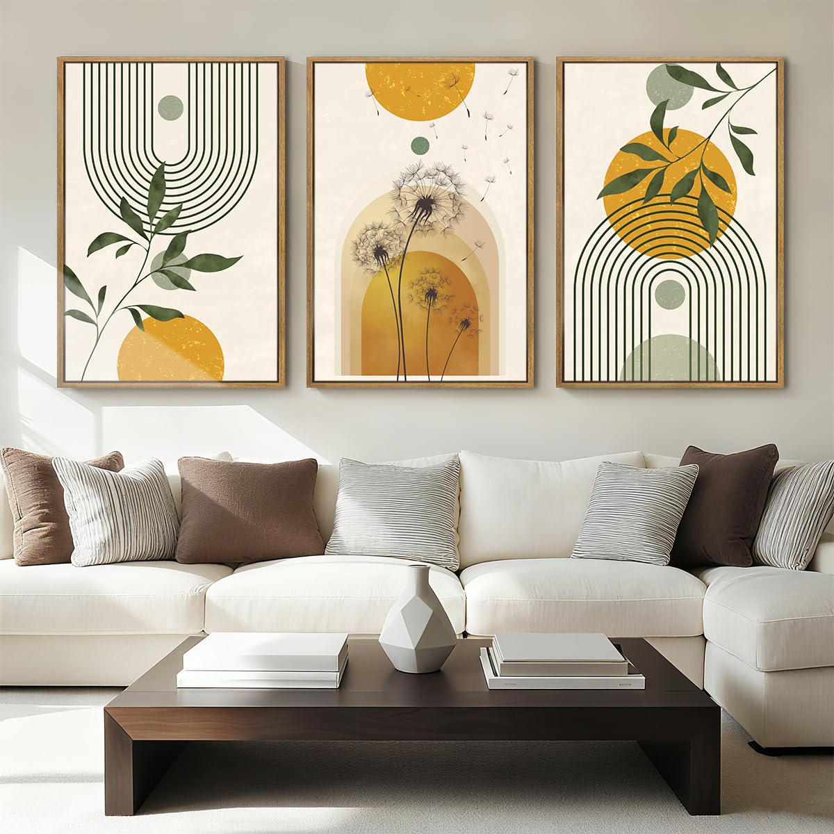 ANHUIB Boho Fall Minimalist Canvas Wall Art 16x24 Inch Dandelion Plant Wall Decor Modern Geometric Artwork Abstract Line Botanical Painting Set of 3 for Living Room Bedroom Dining Room
