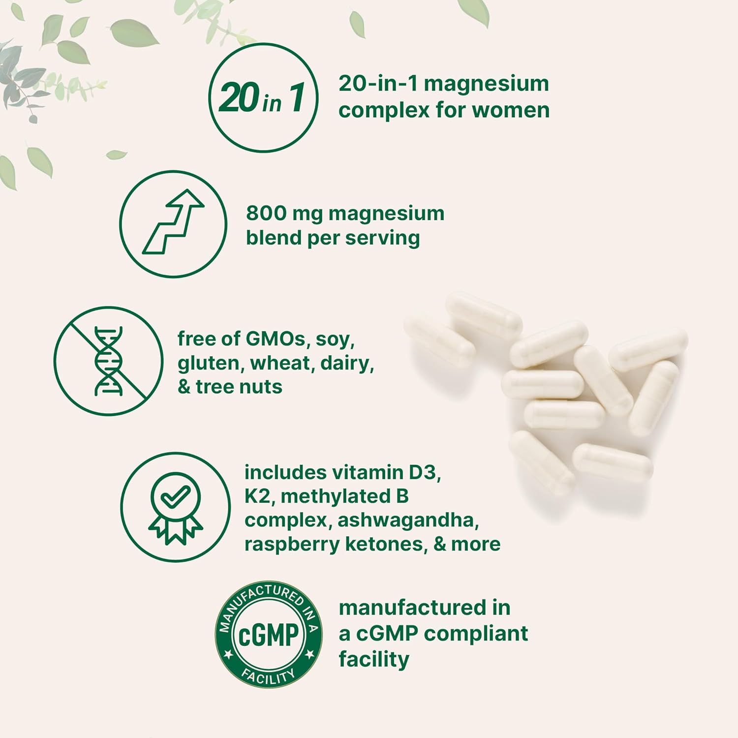 Magnesium Complex for Women, 240 Vegetarian Capsules | 20-in-1 Formula - Magnesium Blend with Vitamin D3, K2, Ashwagandha & More | Filler Free, Non-GMO - Image 3