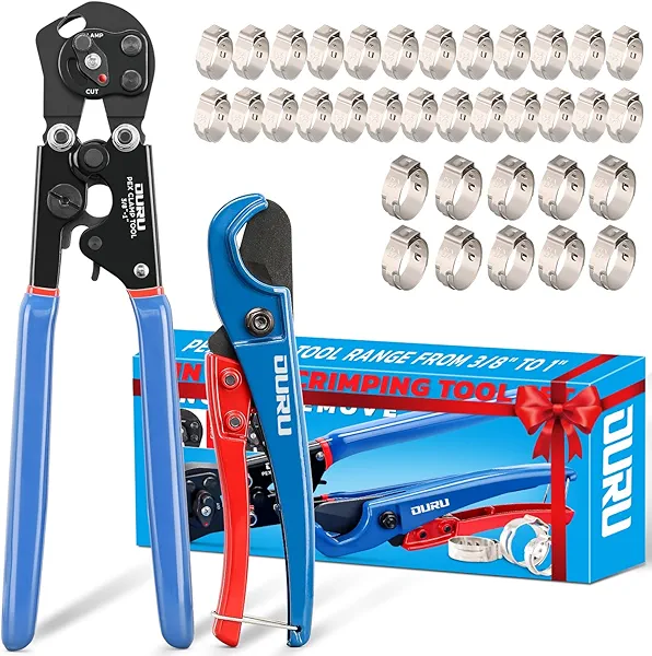 OURU 2 IN 1 Ratchet Pex Crimping Tool Cinch and Remove Combo Function Pex Pipe Crimp Tool from 3/8" to 1" Pex Crimper with Pex Cutter and Stainless Steel Pex Clamps 1/2" 25PCS,3/4" 10PCS