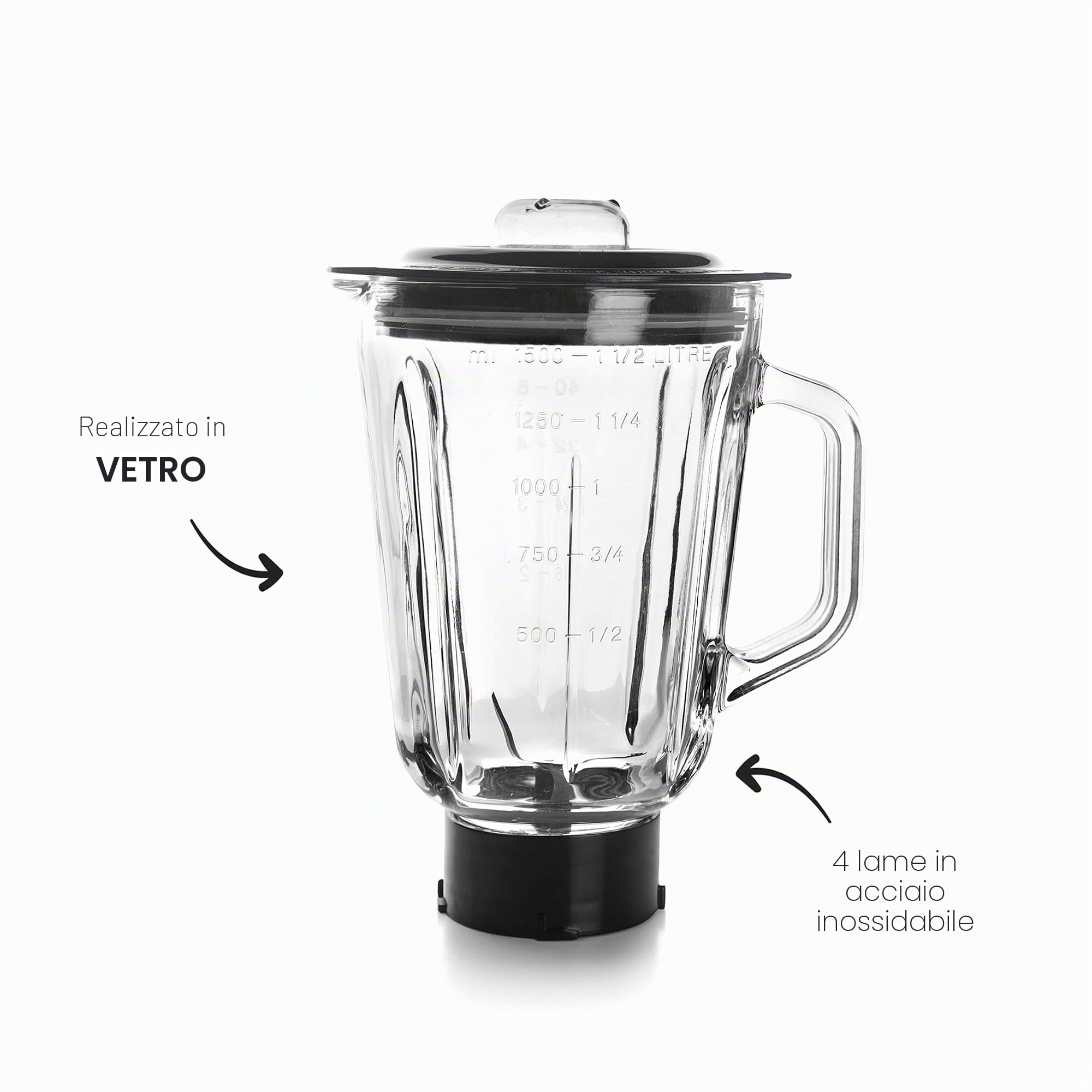 Lacor - 69684 - Caraffa in vetro per frullatore 1,5 L, accessorio originale compatibile con impastatrice Complet rif. 69583, 4 lame in acciaio inox, coperchio ermetico, per succhi, frullati e creme