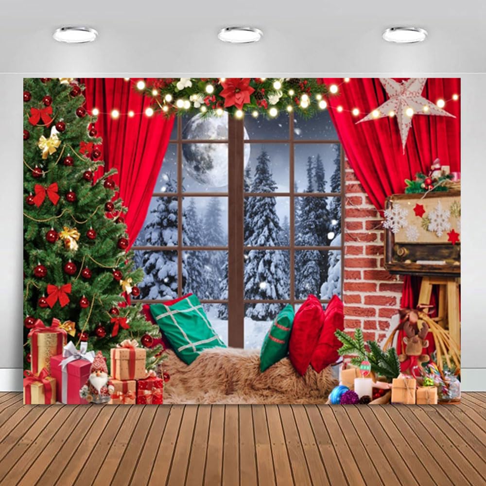 10x8ft Christmas Backdrop Winter Red Christmas Window Forest Moon Photography Background Christmas Tree Gifts Snow Family Holiday Party Decoration
