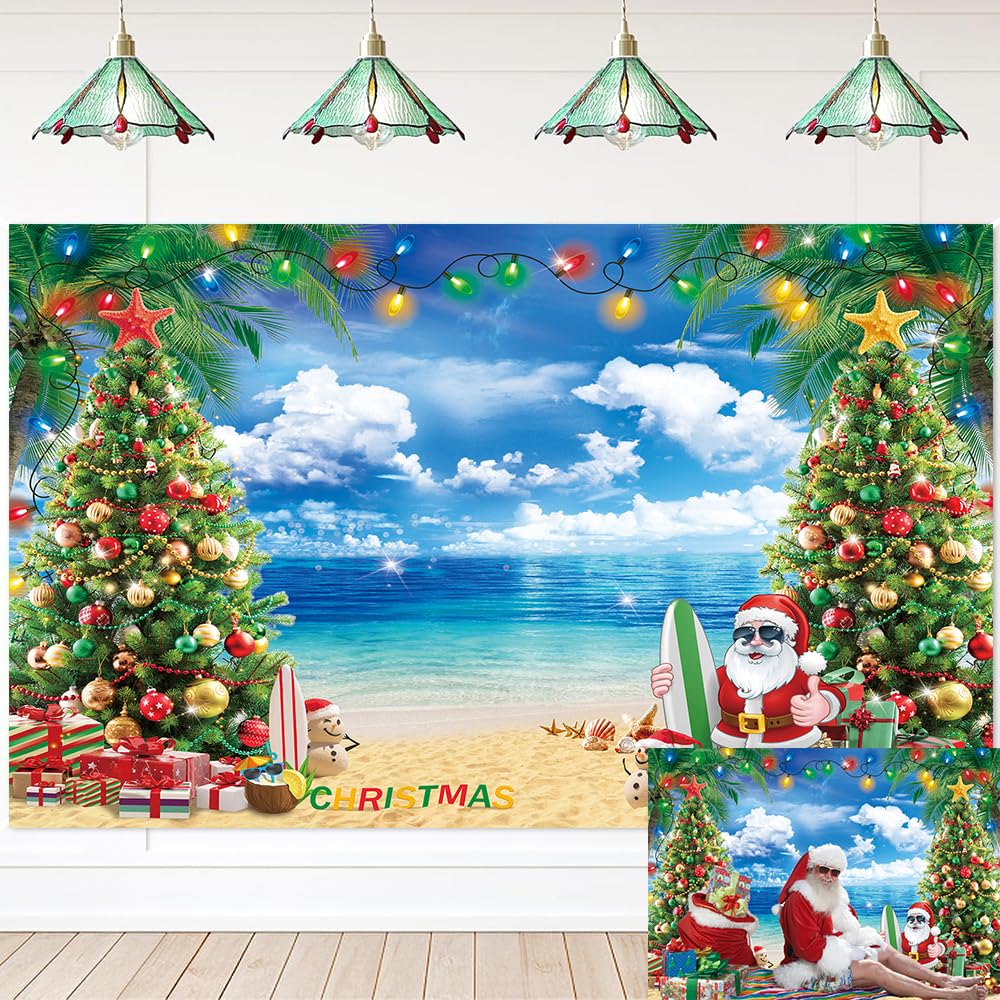 July Christmas Backdrop Summer Hawaiian Beach Santa Christmas Tree Photography Backgrond for Tropical Xmas Family Holiday Party Decoration Banner