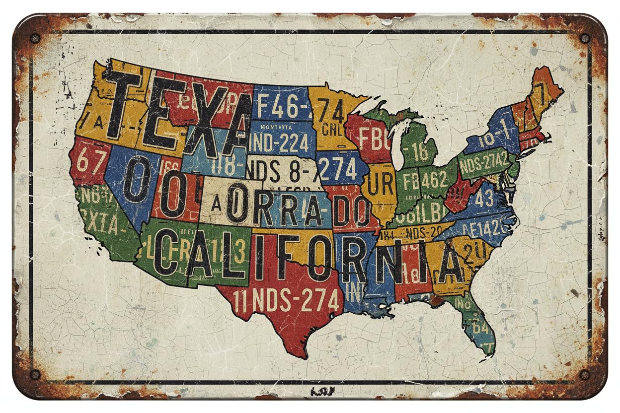 License Plate Map Of USA Tin Sign, 12x8 Inch Home Decor