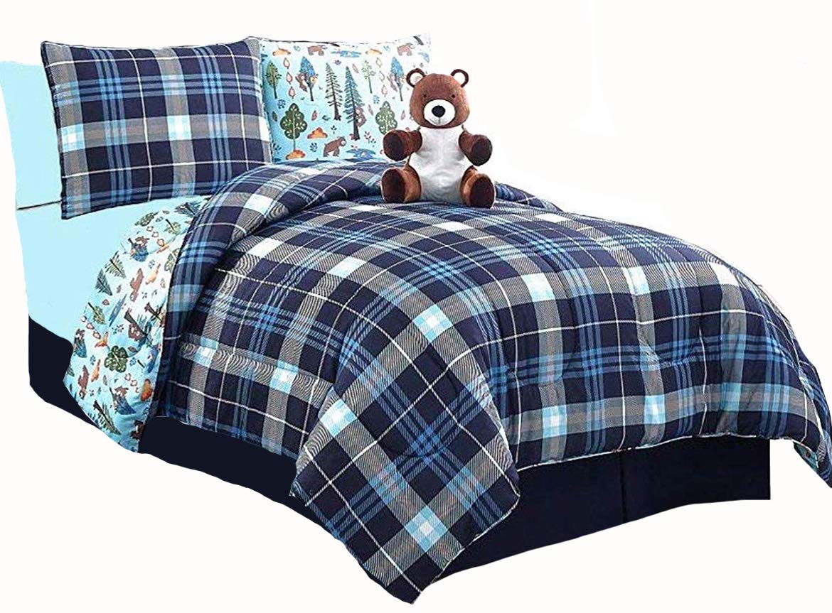 Cabin Living 9pc Reversible Blue Plaid Boys Bedding with Pine Trees & Bears Full Size Comforter Set & Sheets + One Plush Bear Buddy