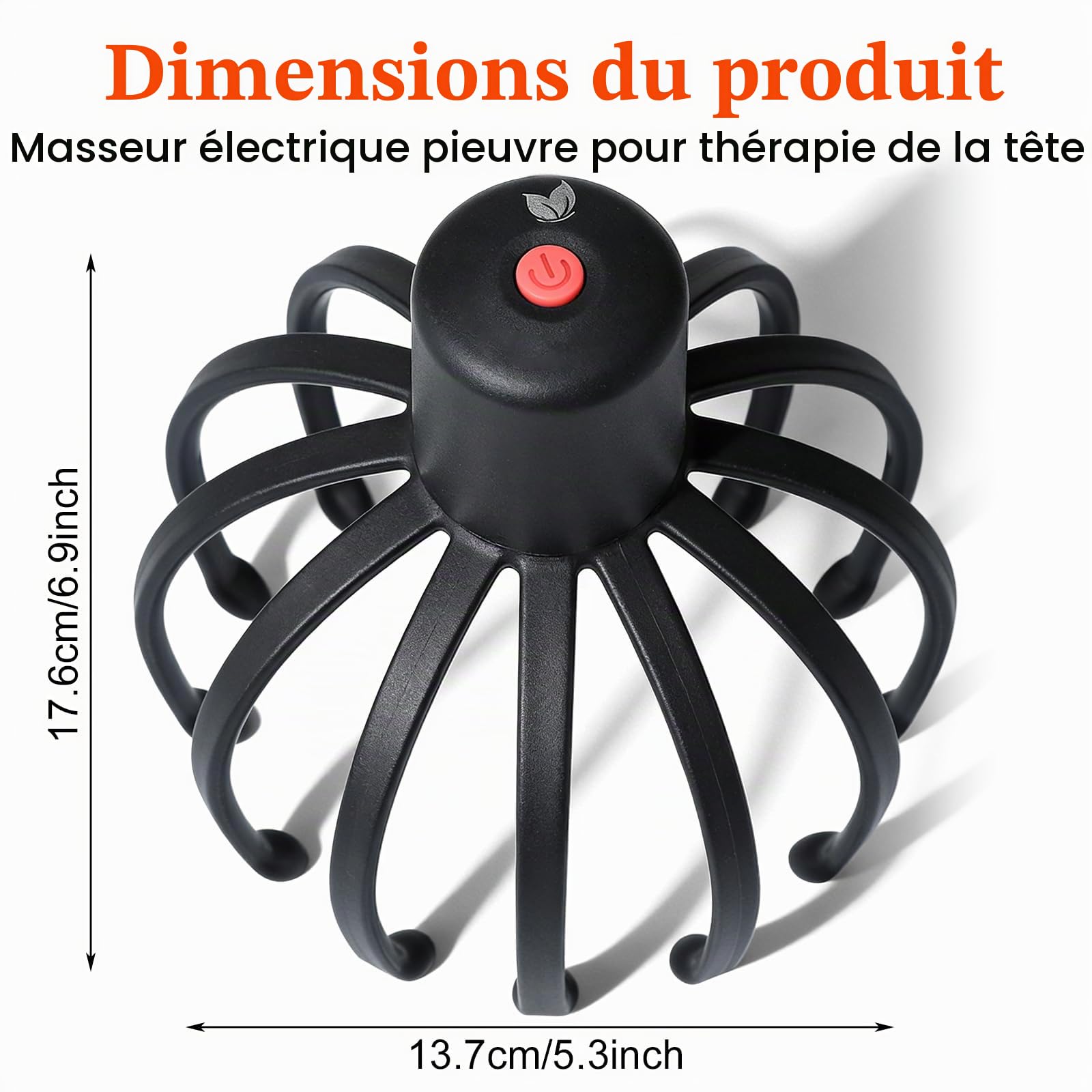 Masseur de tête électrique à 360° avec 3 modes, rechargeable sans fil, portable, pour la relaxation, le stress et la circulation sanguine, noir