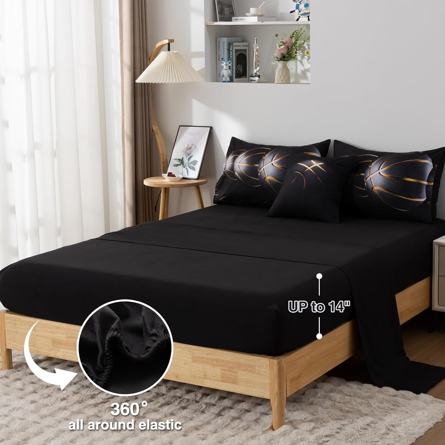 A Nice Night 6Pcs Bed in A Bag Twin Sports Comforter Set,3D Phnom Penh Black Basketball Printing for Kids Teen Boys,Twin - Image 3