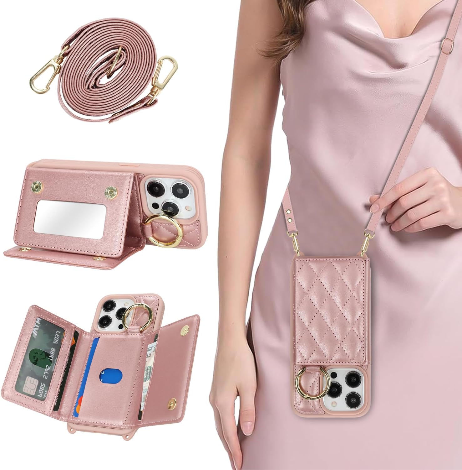 for iPhone 15 Pro Case with Card Holder and Strap for Women,Crossbody Lanyard, Make Up Mirror,Ring Stand,Snap Clasp,Cute Phone Wallet Cases 6.1 inch - Dark Rose Gold