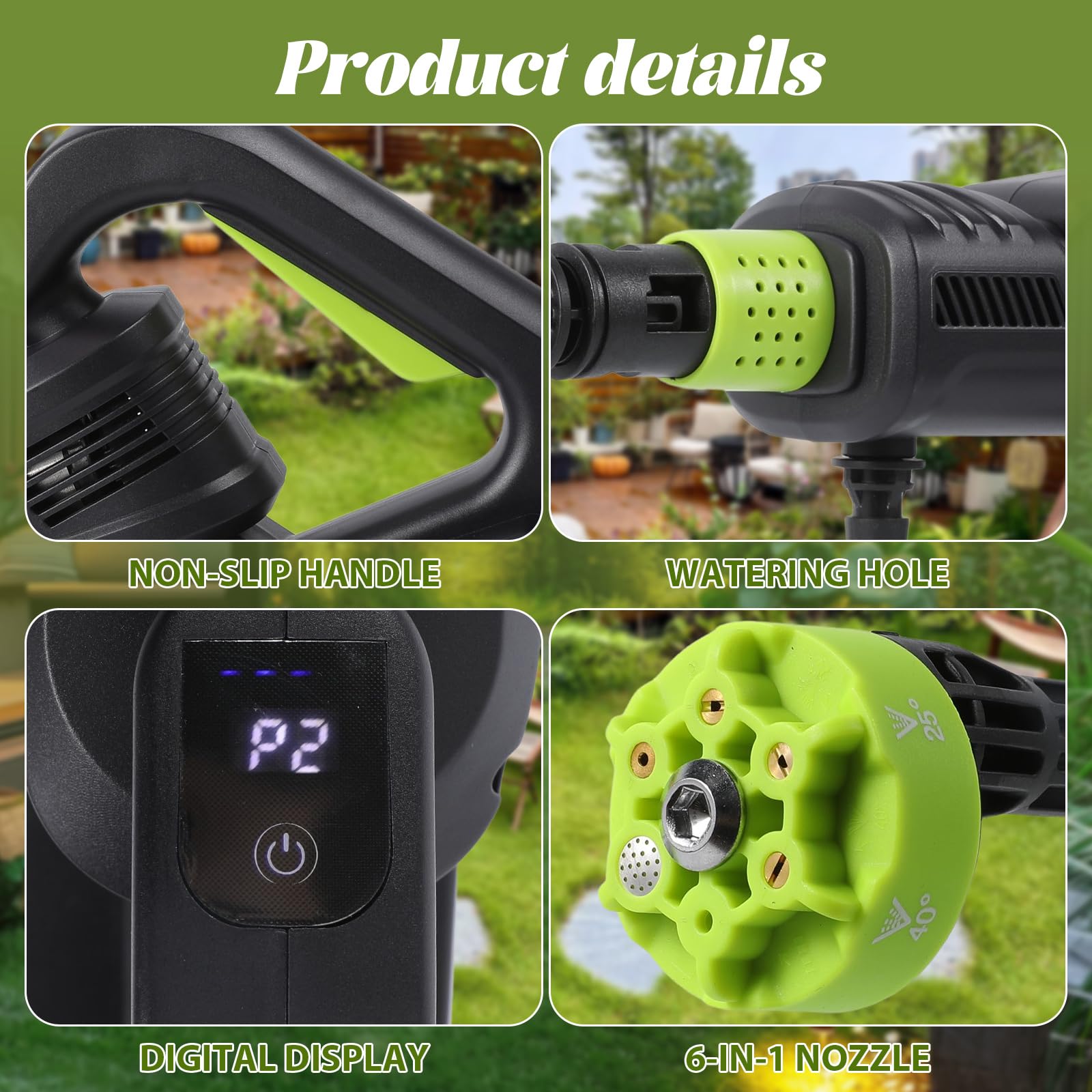 Limpiador de alta presión inalámbrico, 980 PSI/120 bar, portátil con bomba de succión, 6 en 1 boquillas y detergente para coche, terraza, jardín (5 m manguera) (B-2 batería)