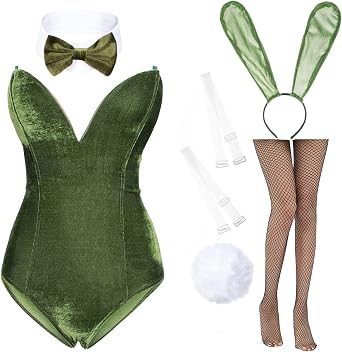 Anime Womens Bunny Girl Costume One Piece Bodysuit Halloween Cosplay Catsuit Bunny Headband Stockings Set