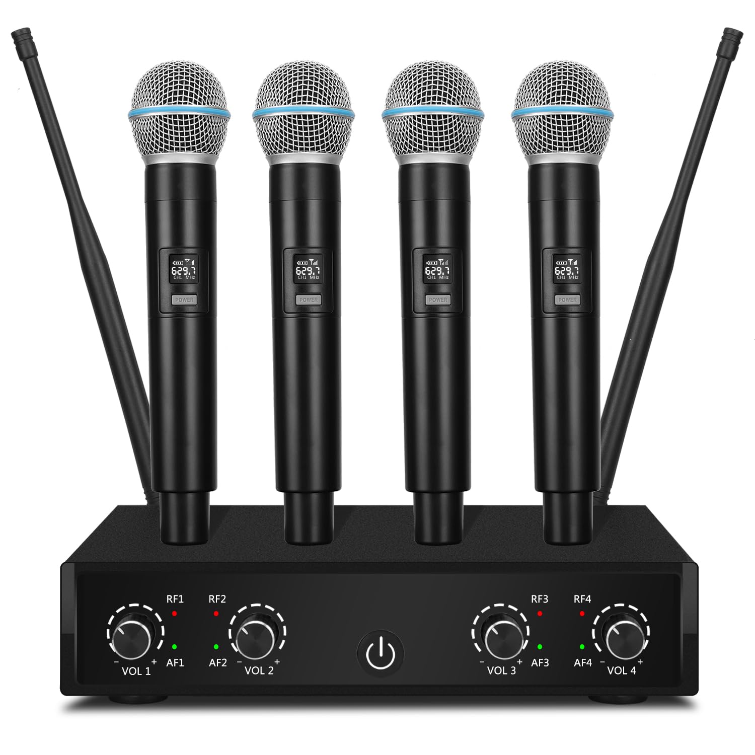 QiCheng&LYS Pro Wireless Microphone System, 4-Channel UHF Wireless Mic, Cordless Mic with 4 Handheld Dynamic Microphones, 260ft Range, Microphone for Singing,Church,Karaoke,Party (410U-4 Handheld)