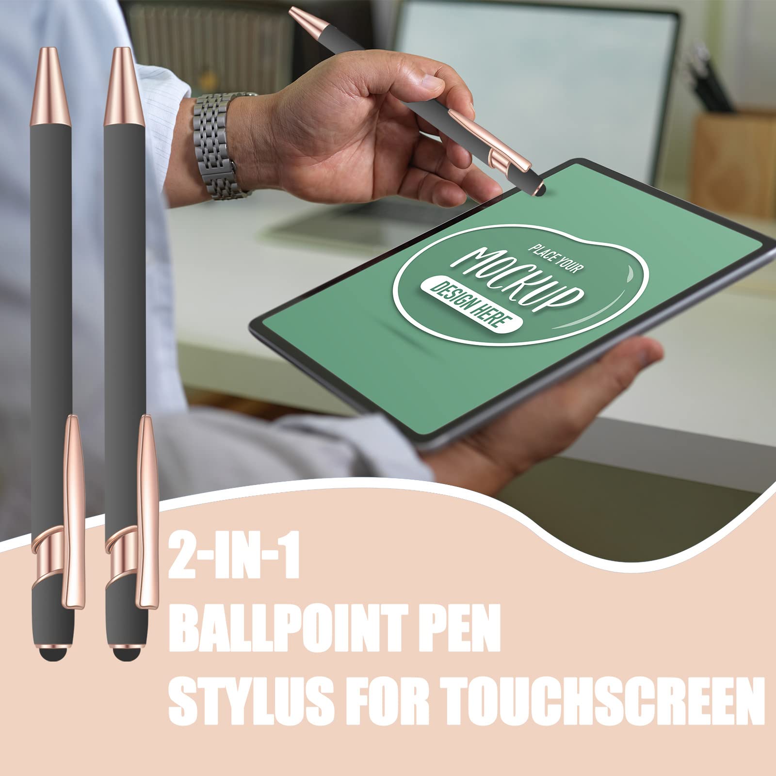 36 penne a sfera con inchiostro blu, con stilo, penna a sfera 2 in 1, per touch screen, scuola, ufficio, colleghi (grigio oro rosa)