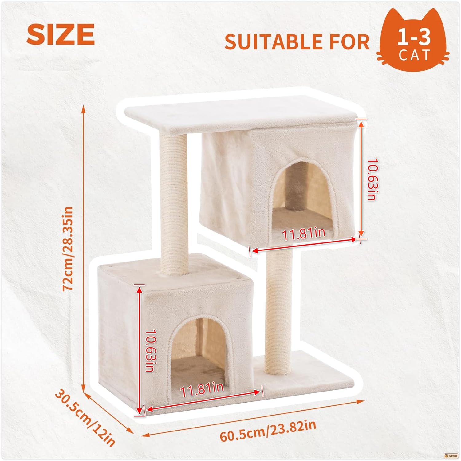28 Inch Small Cat Tree Tower for Indoor Cats, Cat Condo House with Large Perch, 2 Cat Caves, Scratching Posts, Beige