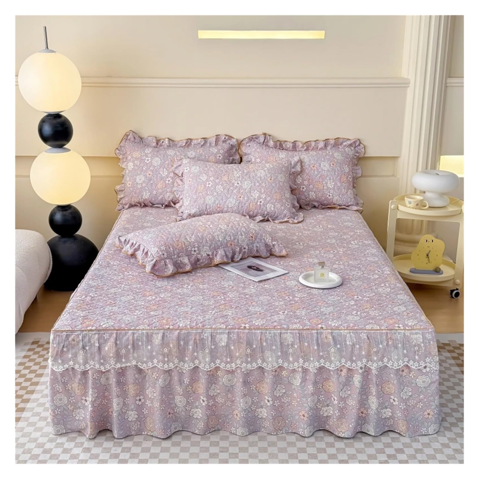 1pc Bed Skirt Thicken Ruffles Bedspread Floral Style Bed Cover Quilted Mattress Protector No Pillowcase(Color-02,180x200cm 1pc)