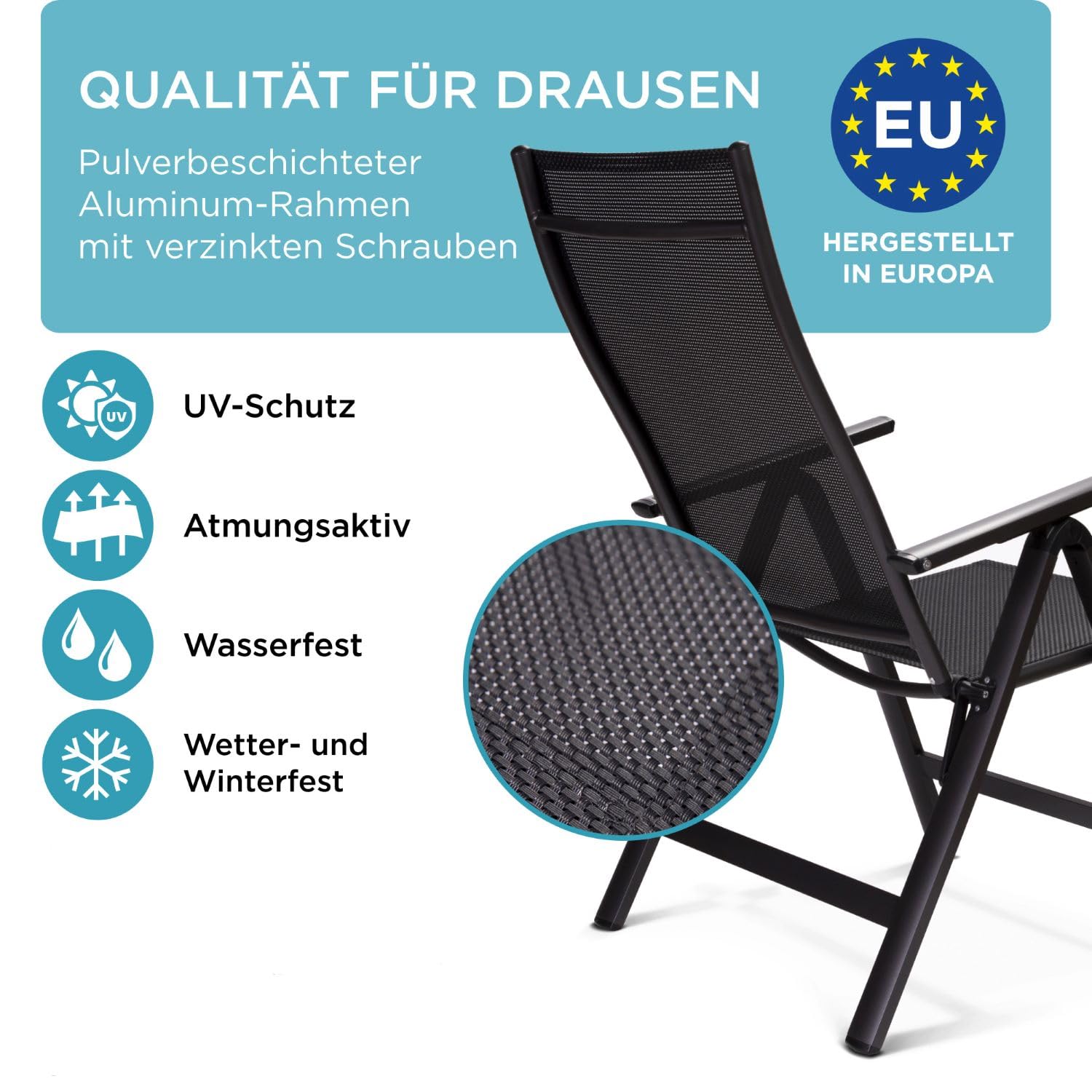 Hochlehner Gartenstuhl klappbar aus Aluminium, 2-Fach pulverbeschichtet, wetterfest, leicht, 5-Fach verstellbar, Made in EU, 2er Set, Anthrazit