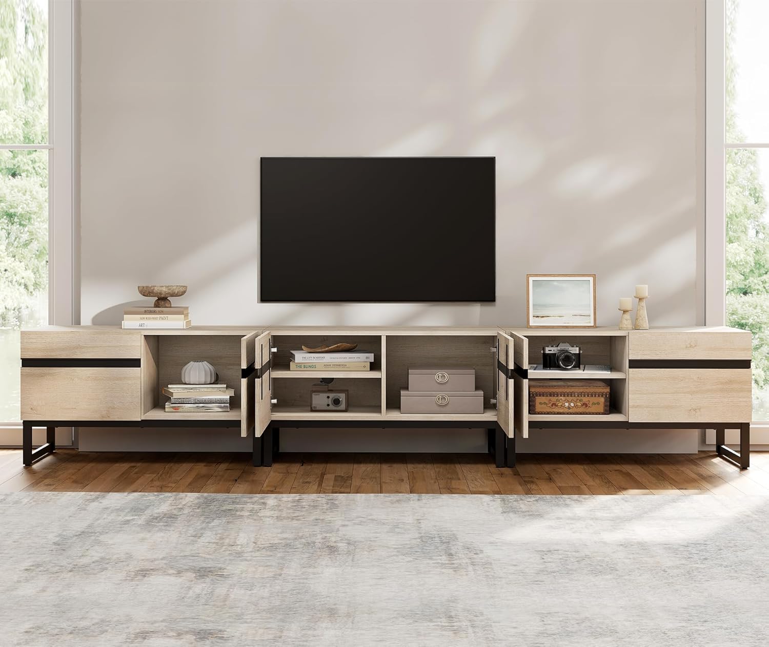WAMPAT 3-in-1 Modern TV Stand for Up to 110 Inch TVs, Large Wood Entertainment Center Media Console with Storage Cabinets and Metal Base for Living Room, Light Oak