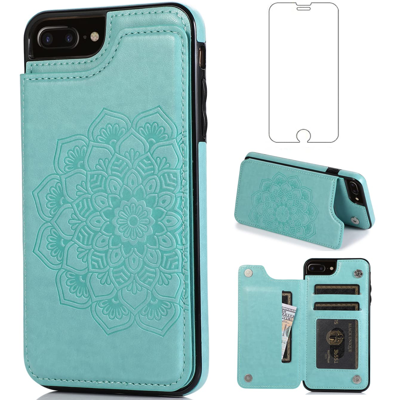 Asuwish Compatible with iPhone 6plus 6splus 6/6s Plus Case and Tempered Glass Screen Protector Card Holder Slot Kickstand Phone Covers for iPhone6 6+ iPhone6s 6s+ i 6P 6a S Six iPhone6splus Green