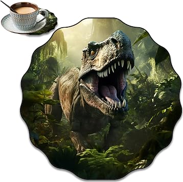 Stylish Mousepad, Lace-Shaped Mand Coaster Combination, Portable Non-Slip Rubber Base Comfort Mousepad for Laptop, Office, Home and Gaming, Dinosaur T-Rex in Jungle