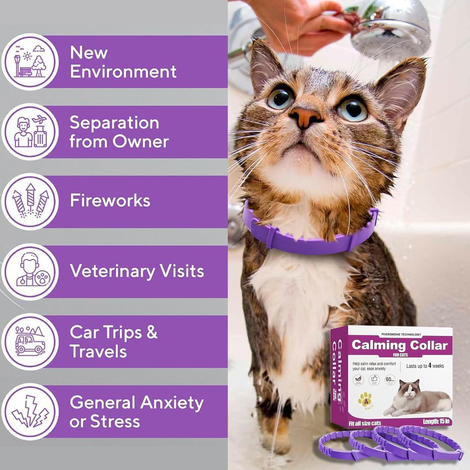 Cat Calming Collar, Calming Collar for Cats 4 Pack, Pheromone Collars for Cats – Adjustable 15″, 60-Day Lasting Stress & Anxiety Relief, Reduce Noise Fear, Scratching & Separation Anxiety (Pruple) - image 6
