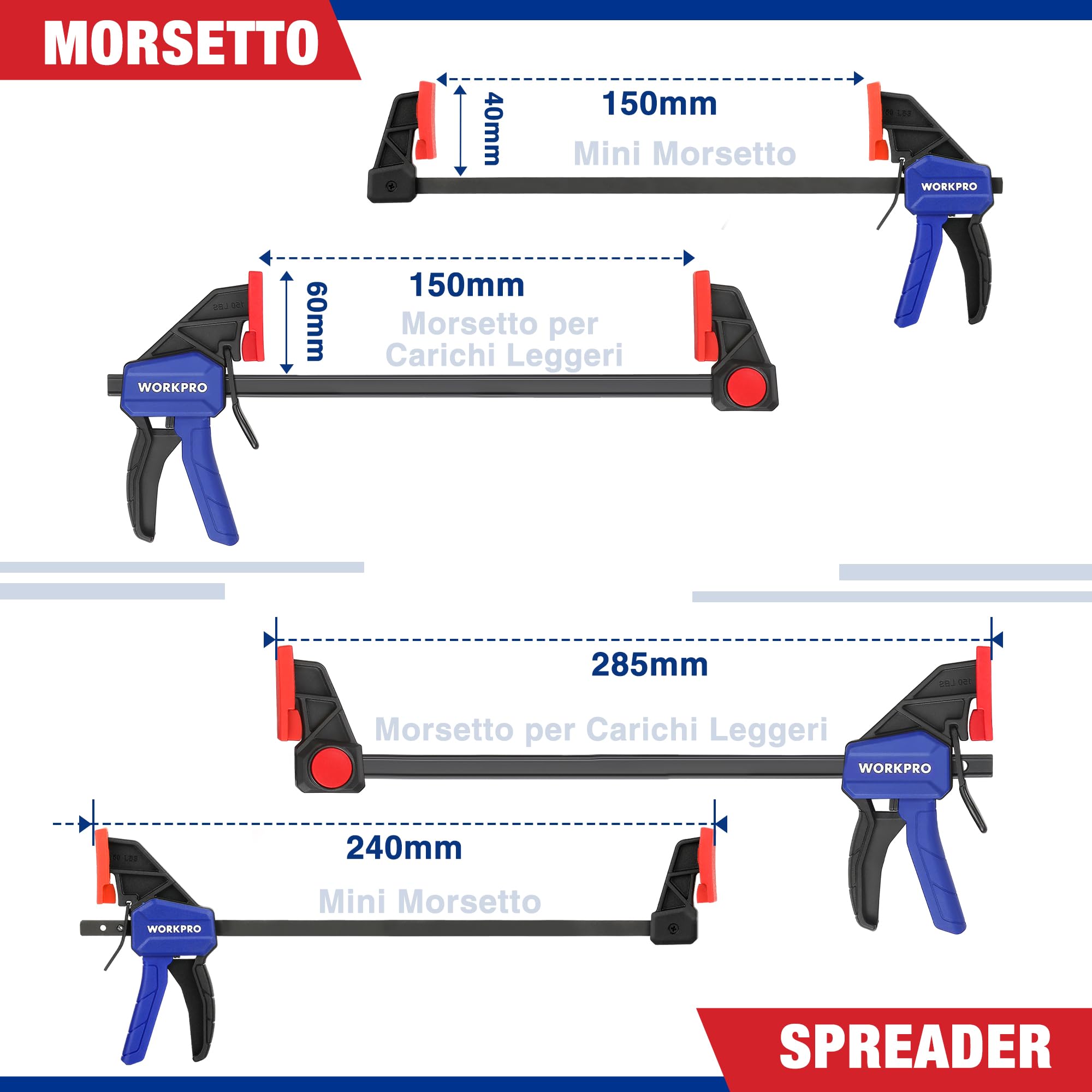 WORKPRO Set di 6 morsetti a mano singola 150 mm, forza di serraggio 22,5 kg/68 kg, apertura alare 150 mm, 4 classici e 2 mini morsetti per fissaggio preciso e lavorazione del legno