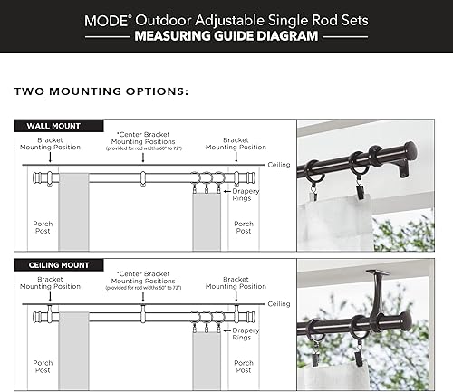 Miniatura 8 de MODE Outdoor Collection - Juego de cortineros de 1 18 pulgadas de diámetro con remates de tapa de extremo y barra de cortina ajustable de acero para