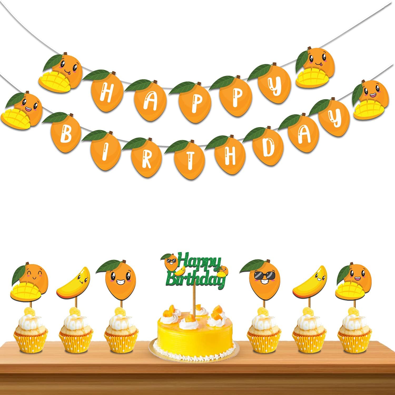 Mango Fruit Happybirthday Theme Party Decoration Combo (8 Pcs), Mango Fruits Party Favors for Kids Birthday Decoration(Banner/Bunting, Cake Toppers,Cup Cake Topper,Ribbons)