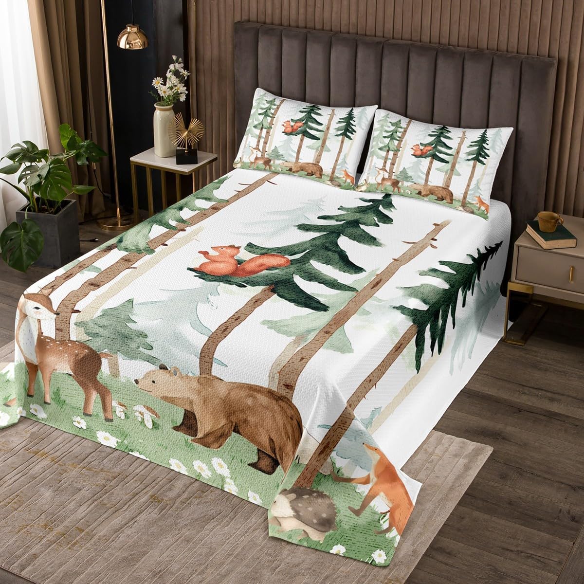 jejeloiu Bear Bedspread Twin Size Deer Coverlet Set for Kids Boys Girls Decor Rabbit Quilted Coverlet Jungle Animals Floral Green Bedroom Decor