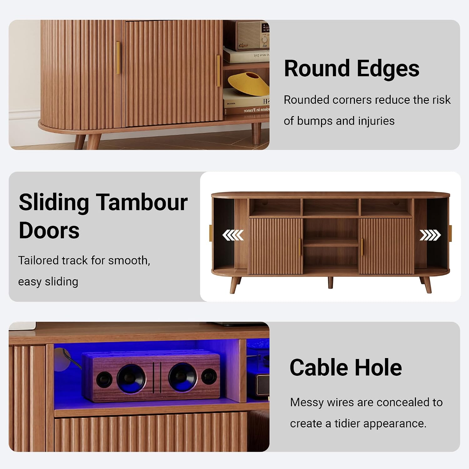 69" TV Stand with LED Lights for TVs up to 75",3-Tier Entertainment Center with Storage and Drawer, Fluted TV Console with Storage and Sliding Door,TV Stand for Living Room, Bedroom,Walnut