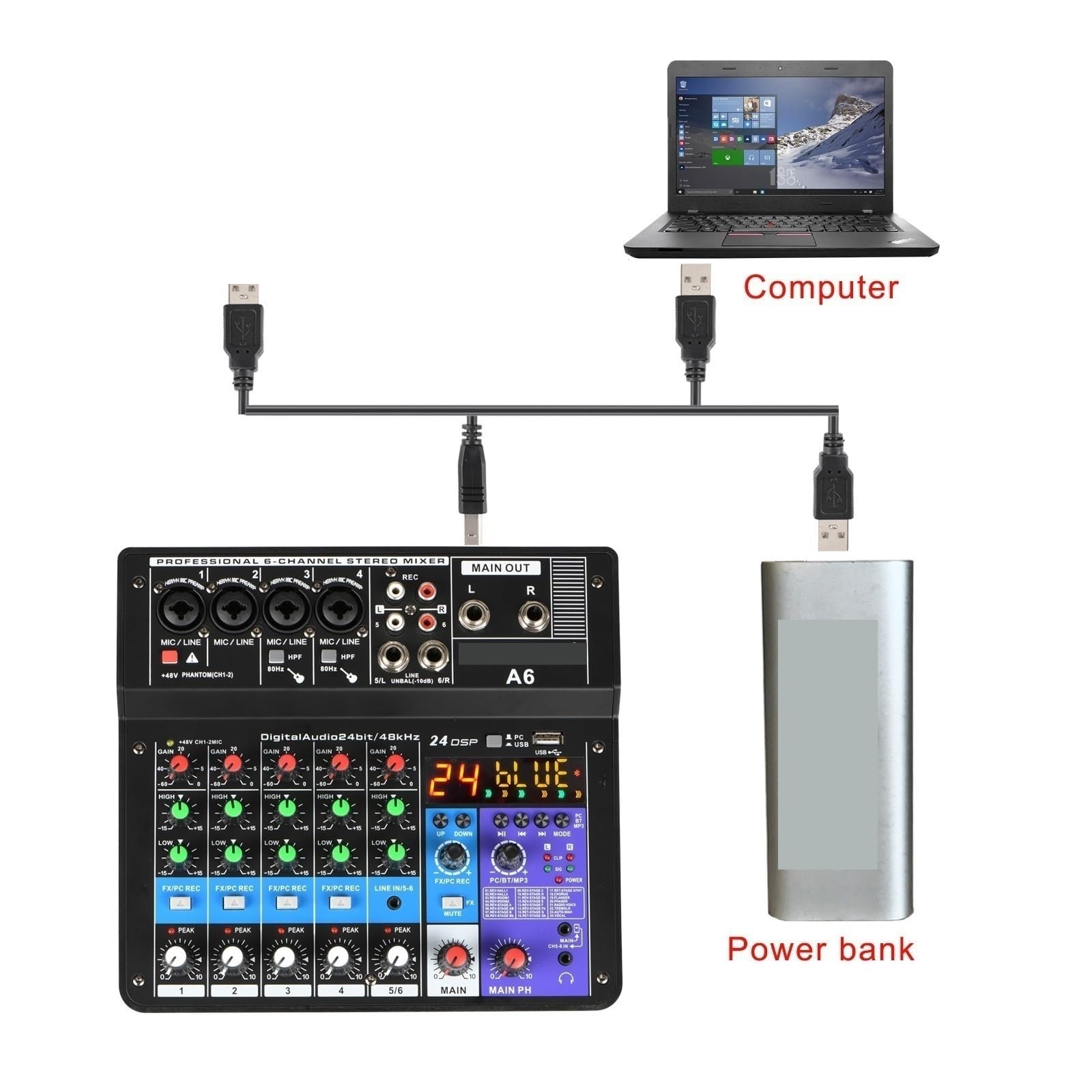 Consolle DJ, Console di missaggio a 6 canali Mobile USB Registrazione computer Riproduzione Mixer ingresso alimentazione phantom 48V A6