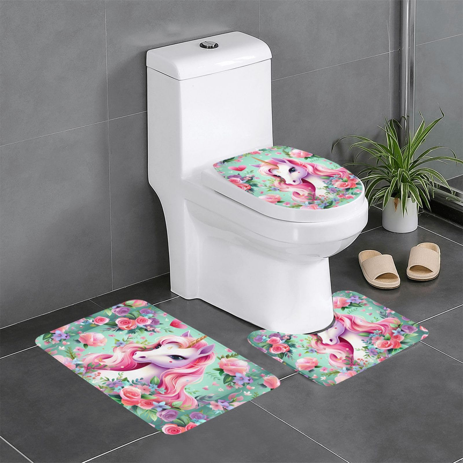 Tapis de bain licorne rose absorbant et tapis de douche rectangulaire lot de 3