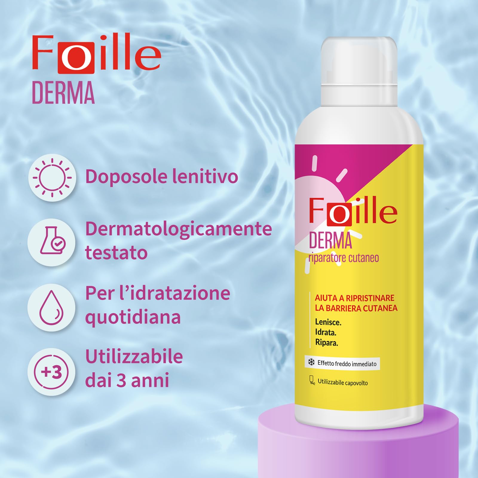 Foille Derma Spray Doposole Lenitivo con Aloe Vera, Pantenolo e Acido Ialuronico, Idratante e Rinfrescante per Pelle Scottata o Arrossata, Formula Senza Alcool, Assorbimento Rapido, 150 ml