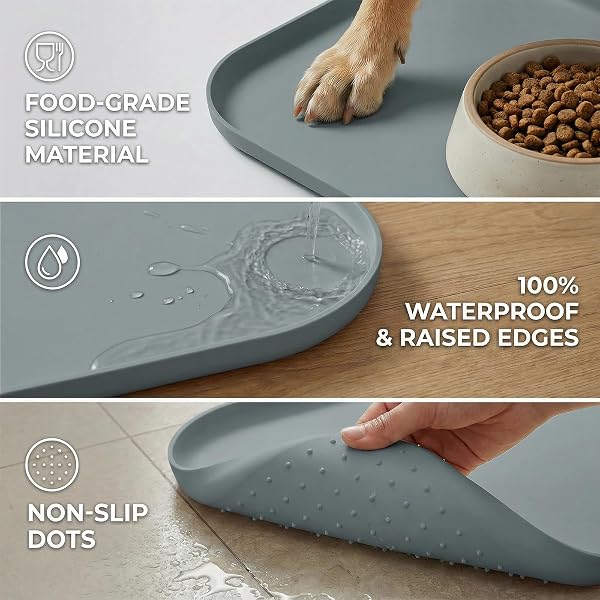 BLESWIN Tappetino impermeabile in silicone per alimentazione animali domestici con bordi rialzati, tappetino per ciotola gatto facile da pulire (Grigio, 60×40 cm) - 4