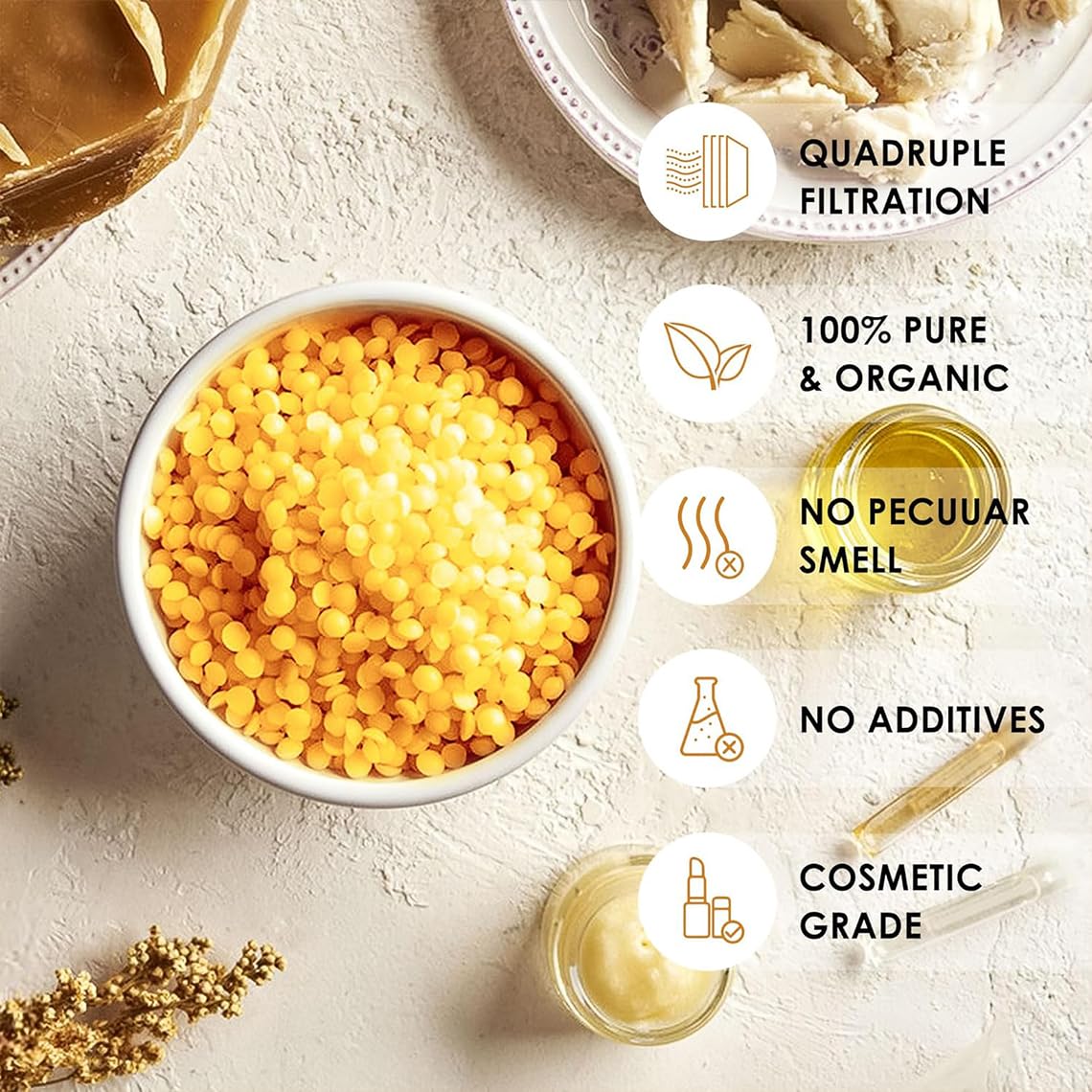 BringLuck2U 1kg Pastiglie di cera d'api naturale, ideale per cosmetici, salviette di cera d'api o come cera per candele, imballaggio sostenibile