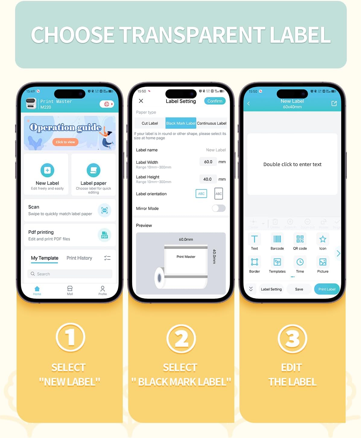 Phomemo Thermal Transparent Label Paper 2.36''x1.57'' (60x40mm), Compatible for Phomemo M220/M221/M250/M200/M260 Label Maker, Black on Clear, 180 Labels/Roll - Image 2