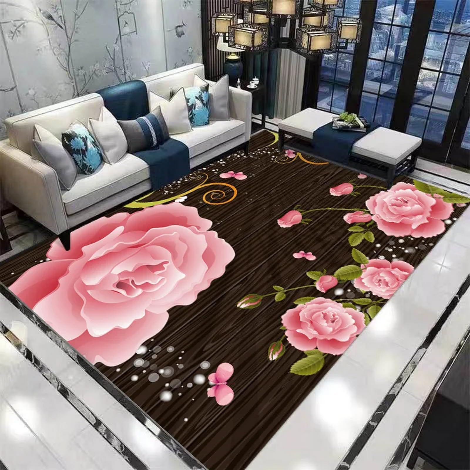 Tapis rose fleur 3D 120x160 cm en polyester lavable pour décoration de chambre