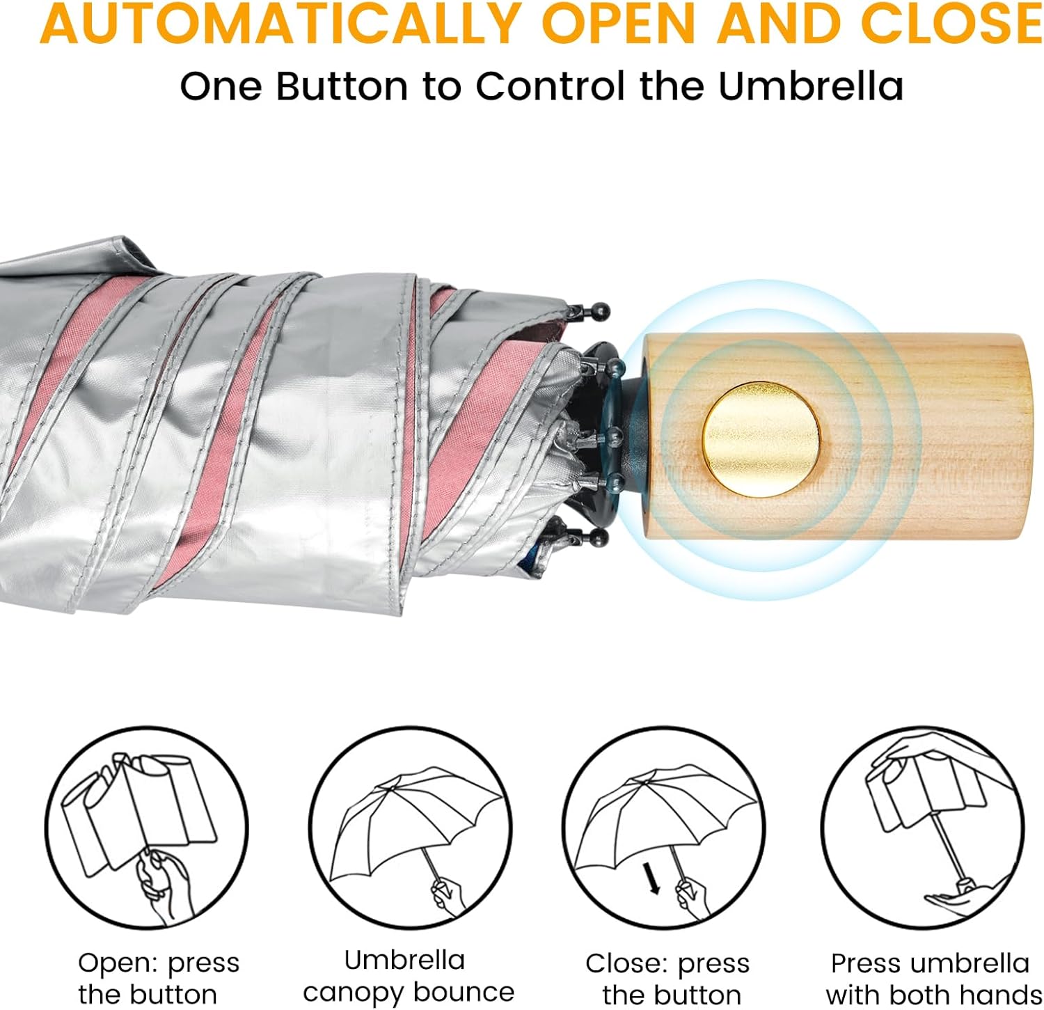 G4Free UPF 50+ UV Protection Travel Umbrella with Wooden Handle, 42 Inch Lightweight Sun Rain Folding Umbrellas Auto Open Close (Pink) - Image 6