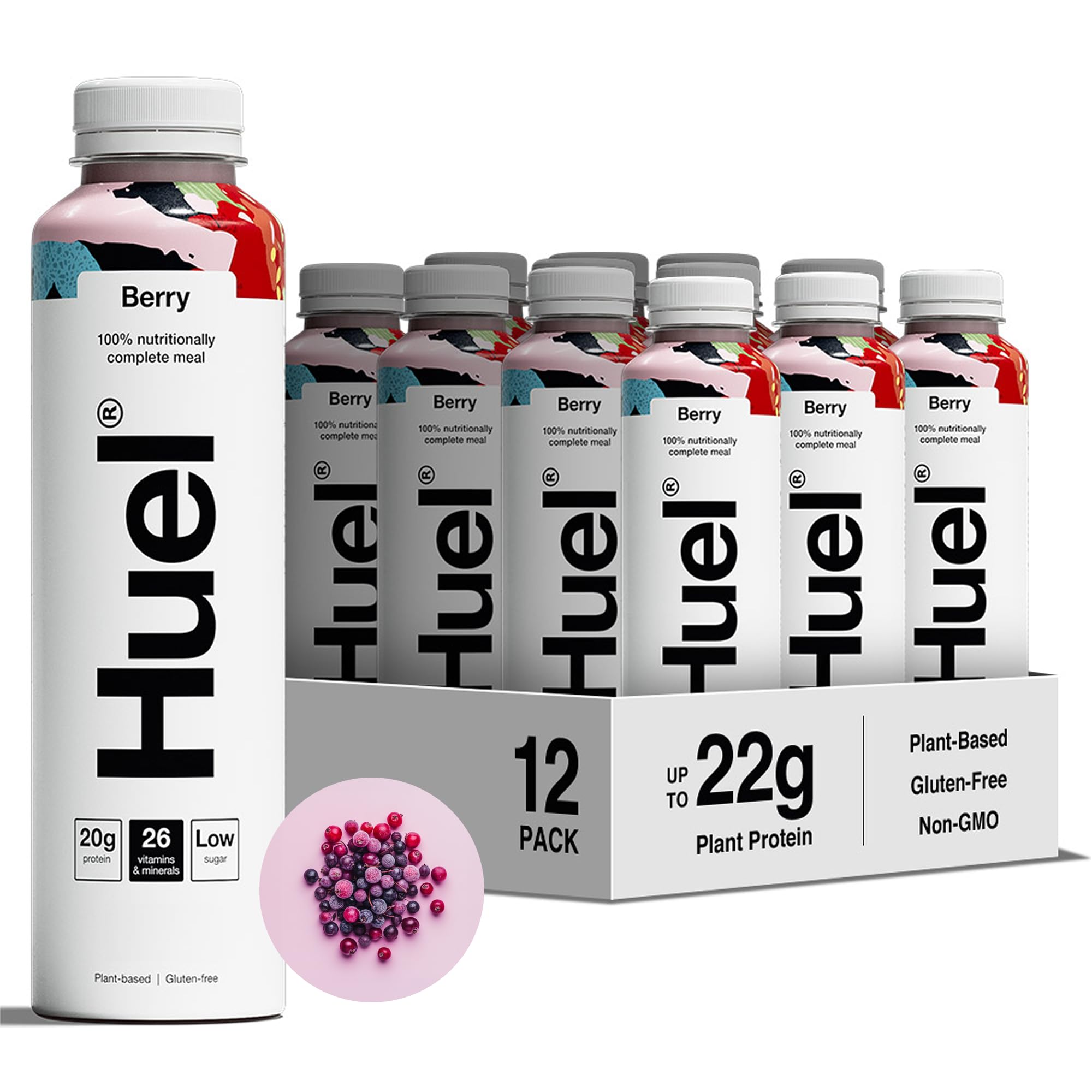 Huel Drink Berry, fertige Trinkmahlzeit für unterwegs - 12 x 500 ml - 20 g Protein, Reich an Vitaminen, Mineralstoffen & Ballaststoffen, Plant-based, Geschmack Beere, inkl. 3 € Pfand