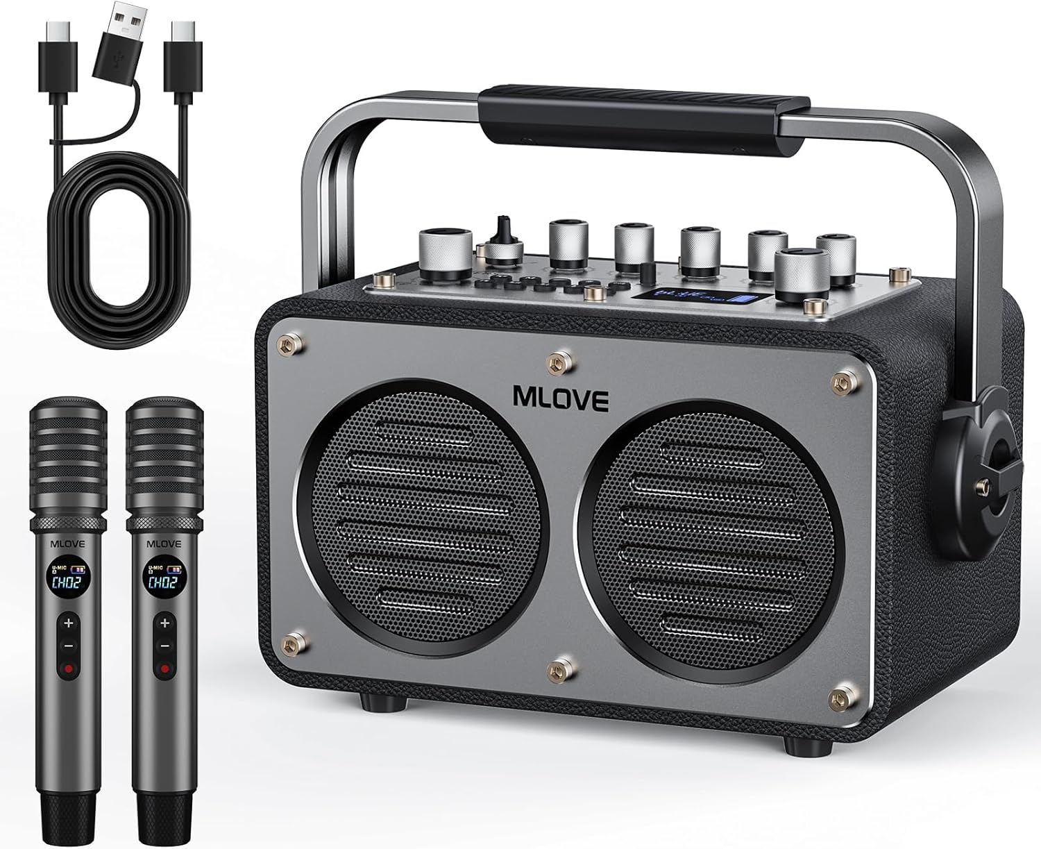 MLOVE Karaoke Machine for Adults with 2 Wireless Microphone, Bluetooth 5.4 200W Portable PA Speaker,REC, EQ Sound Effects, Instrument Input - Ideal for Home,Outdoor Parties Friends and Families Gifts