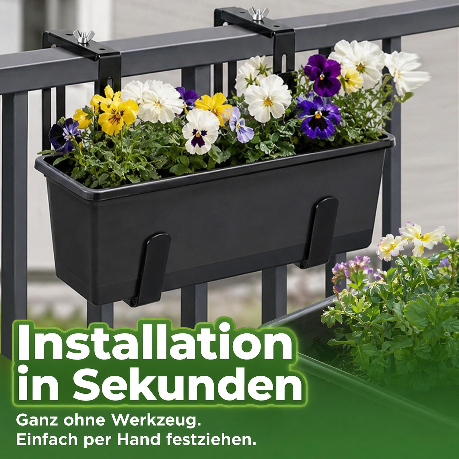 Verstellbare Blumenkastenhalterung 3mm Massiver Stahl fürGeländer bis 21cm | 2 Schwerlast-Halterungen für Große Pflanzkästen – Rostfrei & Wetterfest – Schwarz Geeignet für Balkone, Gärten usw