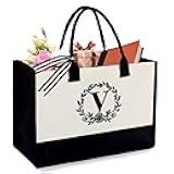 BeeGreen Embroidery Monogram Initial Tote Bag for Women Teacher Mom Friend Personalized Gift for Birthday Beach Wedding Work