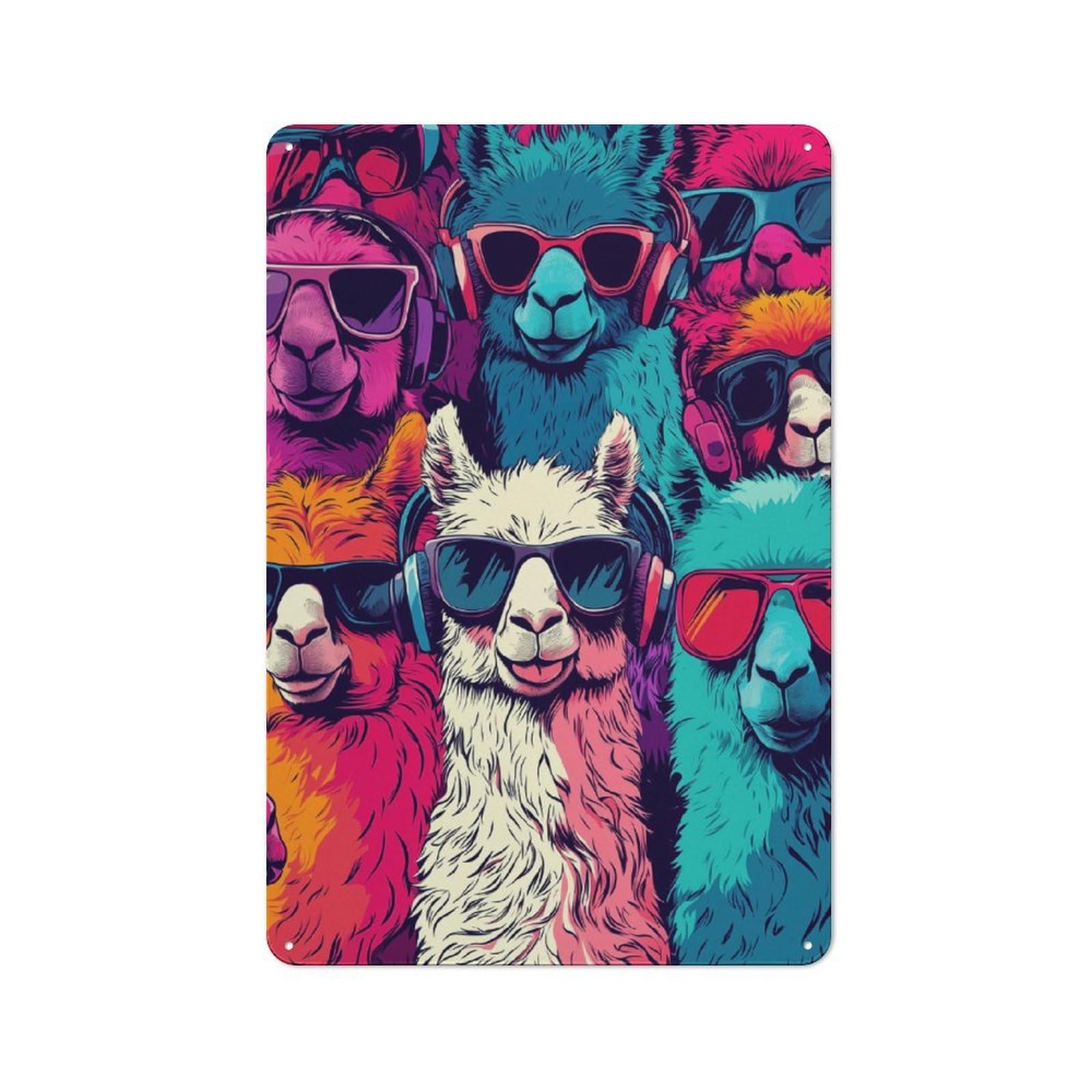 Junmoney Cool Llamas In Sunglasses Decorative Metal Wall Decor 30X20cm, Vintage Metal Sign For Hallway, Home Bar, Garage Or Study